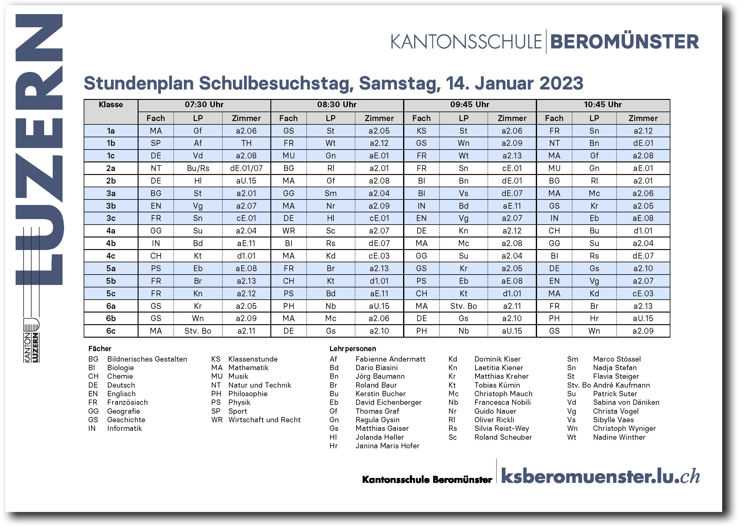 Stundenplan Schulbesuchstag 2023 Kantonsschule Beromünster