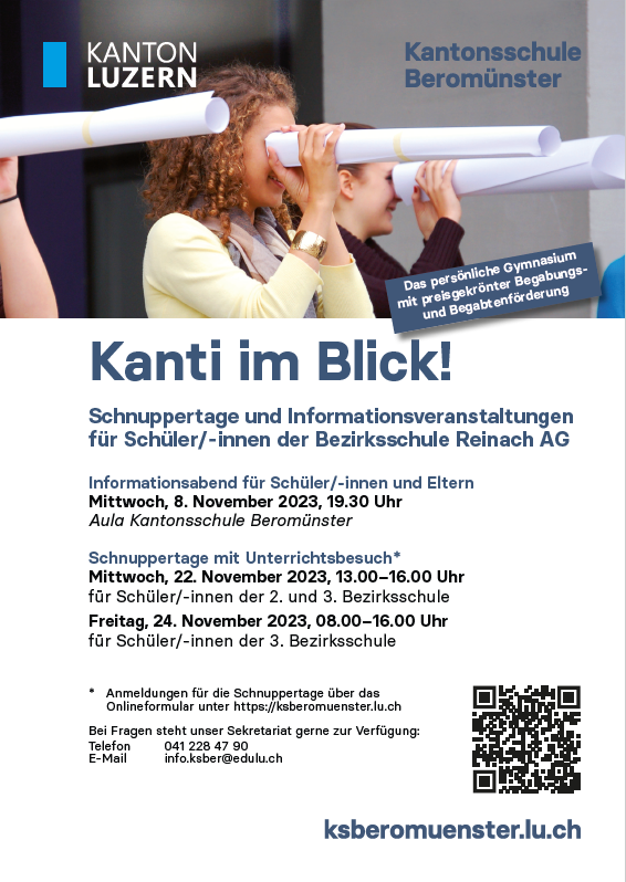 Flyer Infoveranstaltungen Bezirksschüler Kantonsschule Beromünster 2023/2024