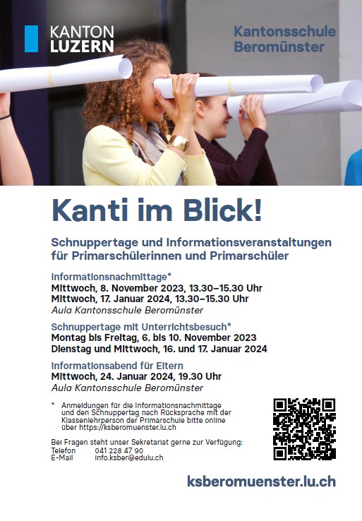 Flyer Infoveranstaltungen Primarschüler Kantonsschule Beromünster 2023/2024
