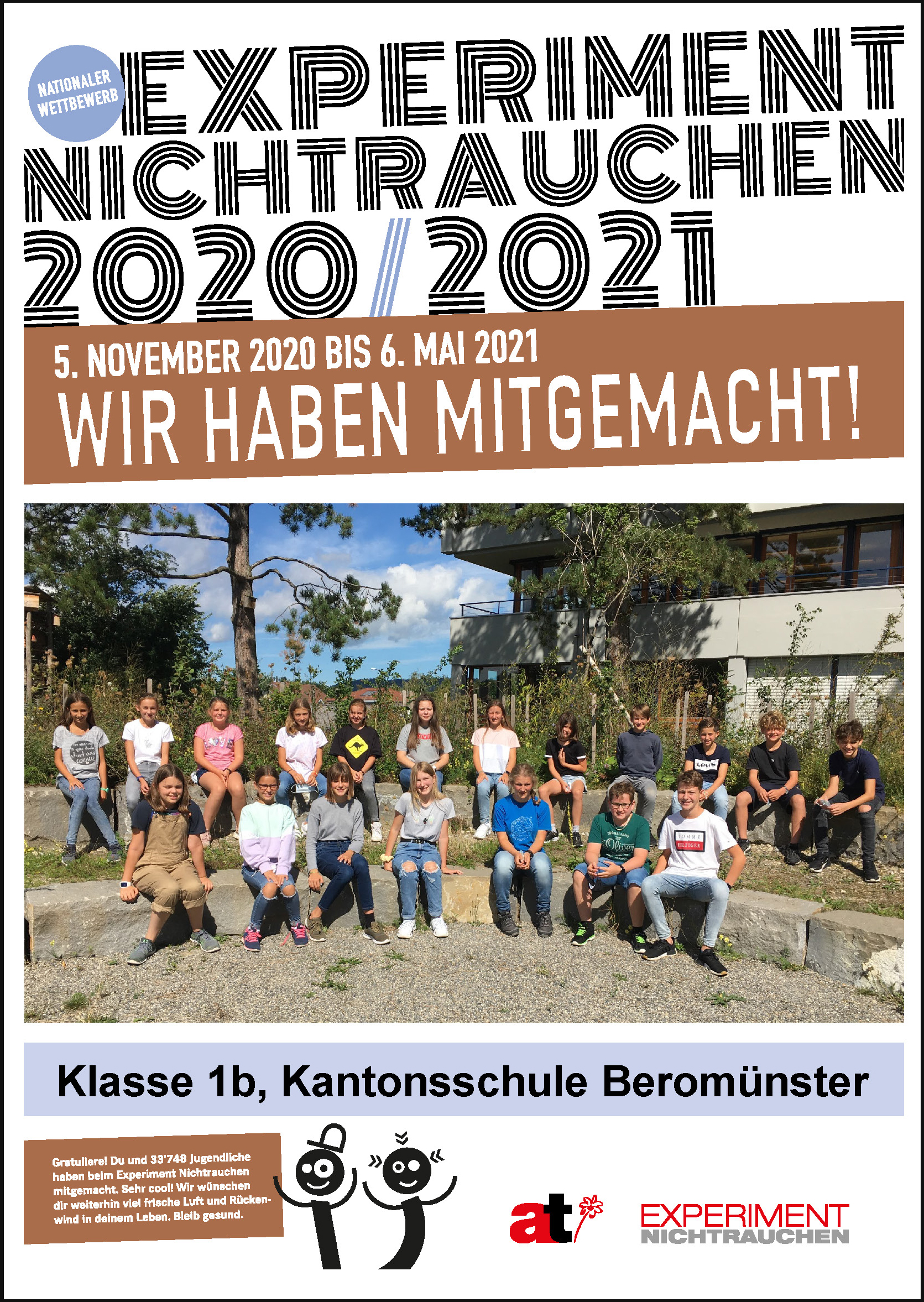 Urkunde Experiment Nichtrauchen 2020/2021 Klasse 1b Kantonsschule Beromünster
